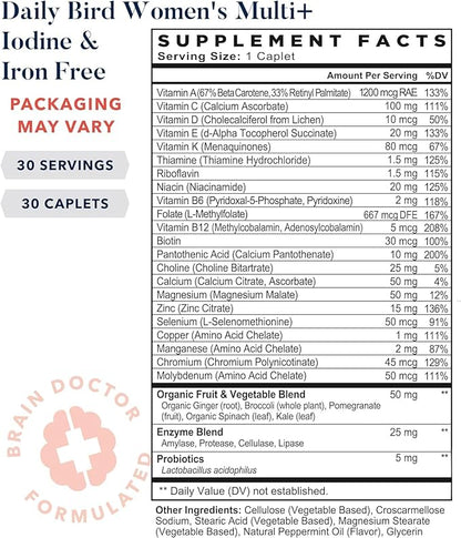 Best Nest Wellness Women's Multi Plus Iodine & Iron-Free - Brain & Energy Support Supplement - Serotonin Support with Vitamin B6 - Probiotics & Digestive Enzyme Blend - 30 Caplets