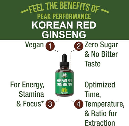 Korean Red Ginseng Liquid Drops with Pleasant Taste. from Panax Korean Root Extract for Energy, Stamina, Focus. Vegan Nootropic, Zero Sugar Oil Tincture Herbal Supplement for Men and Women