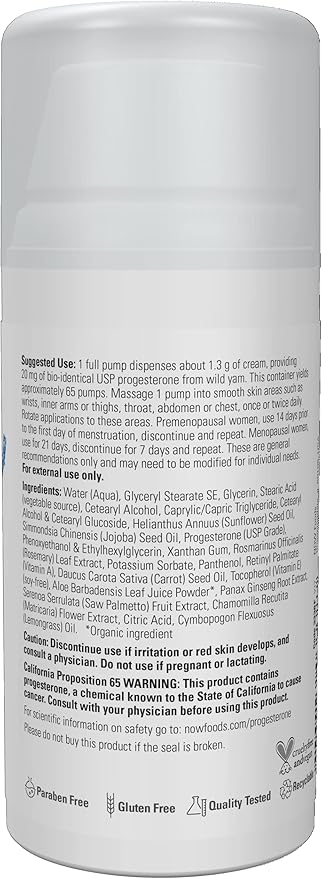 NOW Solutions, Natural Progesterone, Balancing Skin Cream, 20 mg of Natural Progesterone Per Pump, Unscented, 3-Ounce