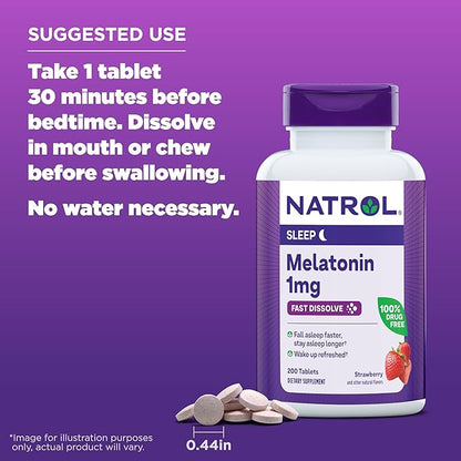 Natrol Fast Dissolve Melatonin 1 mg, Supplements for Restful Sleep, Sleep Support for Adults, 200 Strawberry-Flavored Melatonin Tablets, Up to a 200 Day Supply