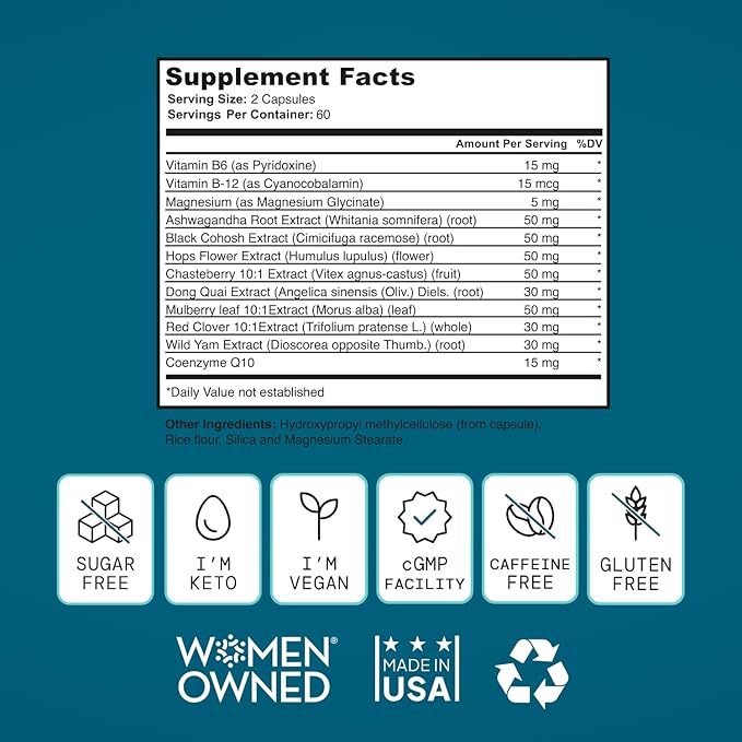 Menopause Support for Women -All-Natural, Hormone-Free Perimenopause & Menopause Support. Unique Blend for Hot Flashes, Mood, Energy, Sleep & More. Vegan, Gluten-Free, 60 Capsules.