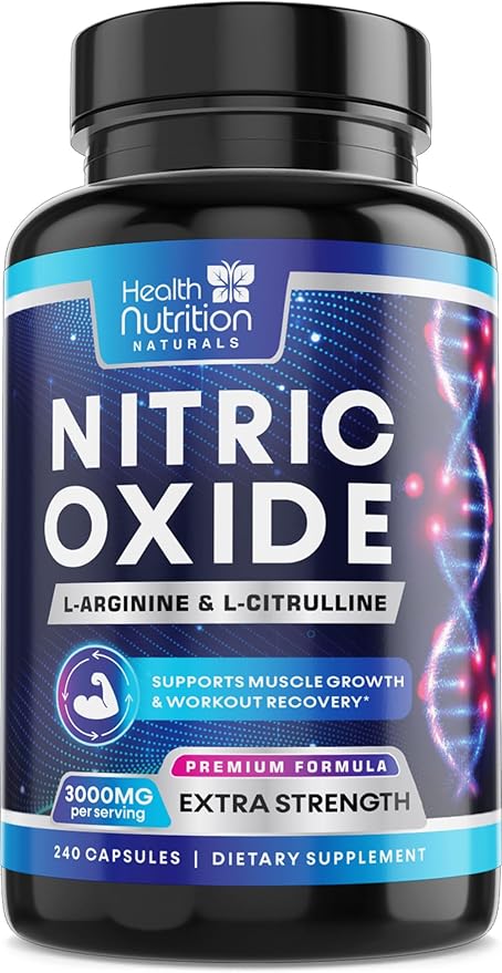 Extra Strength Nitric Oxide Supplement 3X Strength L Arginine, Citrulline Malate, AAKG, Beta Alanine - Premium Muscle Supporting Nitric Booster - Natural Energy & Heart Health Support - 240 Capsules