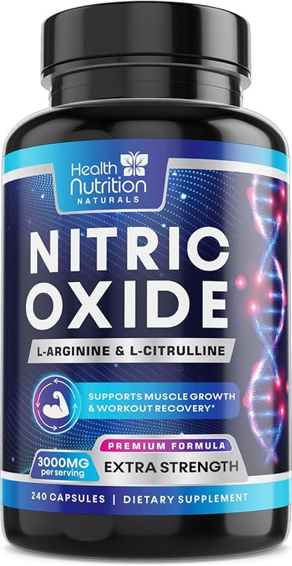 Extra Strength Nitric Oxide Supplement 3X Strength L Arginine, Citrulline Malate, AAKG, Beta Alanine - Premium Muscle Supporting Nitric Booster - Natural Energy & Heart Health Support - 240 Capsules