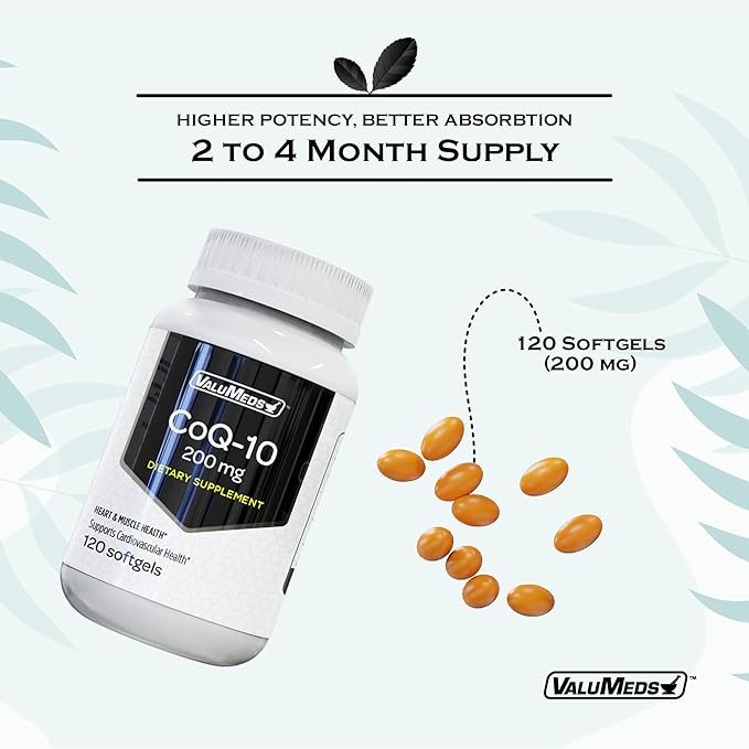 ValuMeds CoQ-10 Non-GMO Coenzyme Q10 Supplement, 120 Softgels | for Heart Health and Energy Support | Gluten Free for High Blood Pressure (120 Count (Pack of 1), 200 mg)