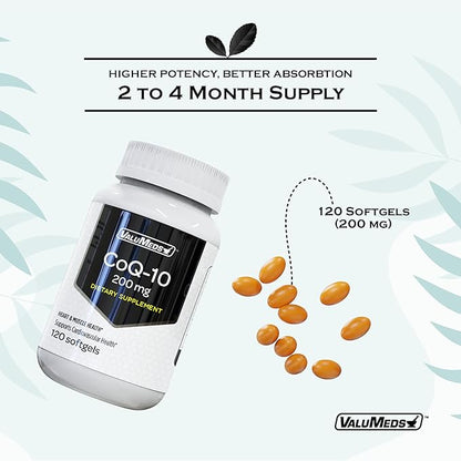 ValuMeds CoQ-10 Non-GMO Coenzyme Q10 Supplement, 120 Softgels | for Heart Health and Energy Support | Gluten Free for High Blood Pressure (120 Count (Pack of 1), 200 mg)