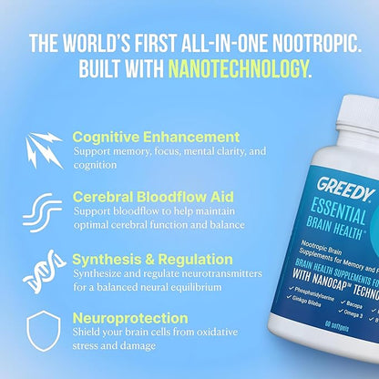 Nootropic Brain Supplements for Memory and Focus – Brain Health Supplements for Adults with NanoCap® Technology, Phosphatidylserine, Bacopa, Ginkgo Biloba, Omega 3, B6 B12, 60 Softgels by Greedy®