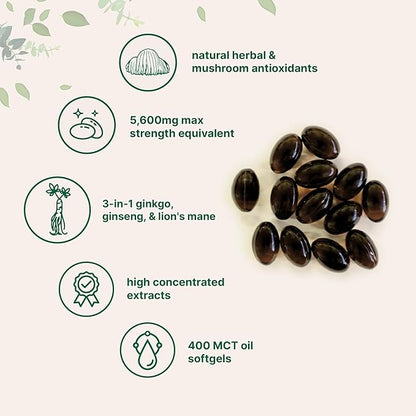 Ginkgo Biloba 5,600mg Equivalent, 400 Softgels | 3-in-1 with Ginseng & Lions Mane | MCT Oil Infused for Higher Absorption | Herbal Antioxidants & Superfood Mushroom | Brain & Memory Supplement
