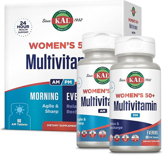 KAL Plus 2-in-1 Multivitamin for Women 50+, AM/PM Vitamin B and D, Biotin, Ginkgo Biloba, Bone Strength and Immune Support, Made Without GMOs and Soy, Vegan, 30 Servings, 120 Tablets