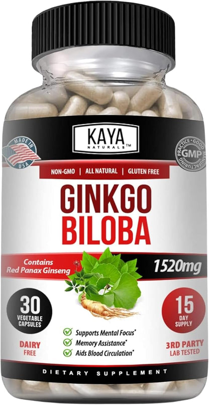 Kaya Naturals Red Panax Ginseng + Ginkgo Biloba - Nootropic Brain Supplement - Cognitive and Concentration Support - Brain Booster, Focus, and Memory Supplement - 30 Capsules
