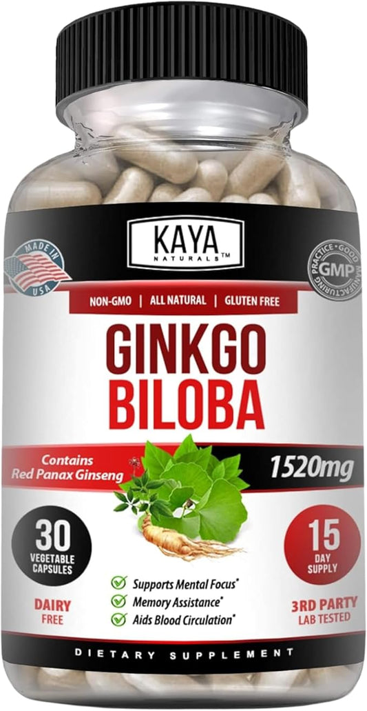 Kaya Naturals Red Panax Ginseng + Ginkgo Biloba - Nootropic Brain Supplement - Cognitive and Concentration Support - Brain Booster, Focus, and Memory Supplement - 30 Capsules