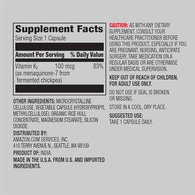 Amazon Elements Vitamin K2 100 mcg, Vegan, 65 Capsules, 2 Month Supply (Packaging May Vary) (Pack of 2)