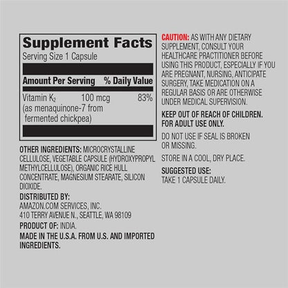 Amazon Elements Vitamin K2 100 mcg, Vegan, 65 Capsules, 2 Month Supply (Packaging May Vary) (Pack of 2)