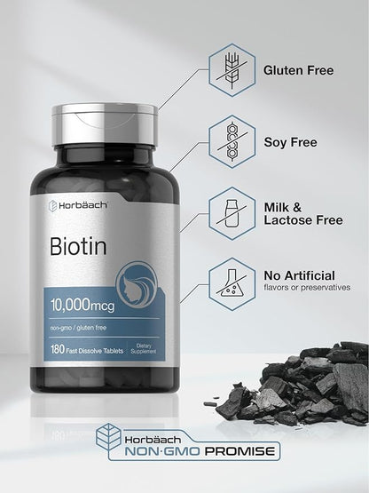 Horbäach Biotin 10000mcg | 180 Fast Dissolve Tablets | Beauty Formula | Vegetarian Supplement | Non-GMO, Gluten Free
