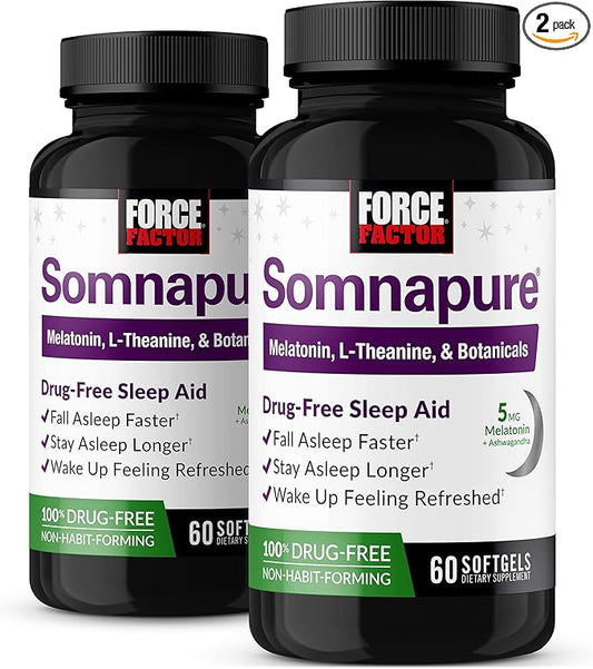 FORCE FACTOR Somnapure Softgels 2-Pack Sleep Aid to Fall Asleep Faster, Stay Asleep Longer, Wake Up Refreshed, Sleep Aid for Adults with Melatonin, Ashwagandha, Valerian Root, 120 Softgels