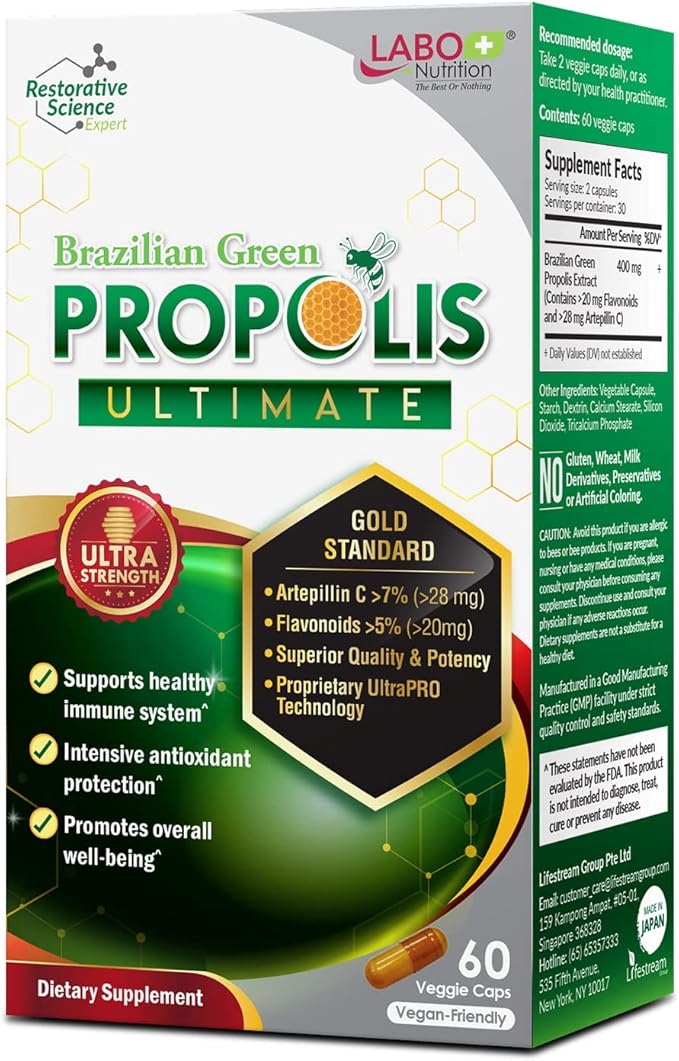 LABO Nutrition Brazilian Green Propolis Ultimate - Contains >7% or 28mg per Serving Artepillin C & >5% Flavonoids, for Immune & Brain Support, Natural, High Concentrate & Premium, 60 Veg Capsules