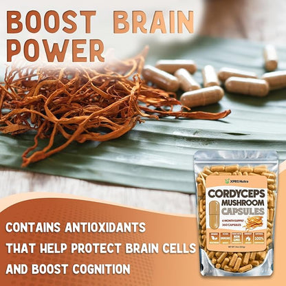 XPRS Nutra Cordyceps Mushroom Powder Capsules - 360 Count (180 Day Supply) - Our Premium Cordyceps Mushroom Capsules Contain Real Mushrooms (Cordyceps Sinensis) to Support Stamina and Performance