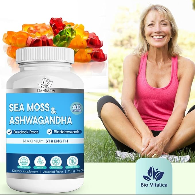 BIO VITALICA Sea Moss Ashwagandha Gummies - Organic Irish Seamoss & Ashwagandha Root Supplements for Supporting Energy & Immunity for Men & Women, 60 Vegan Gummies