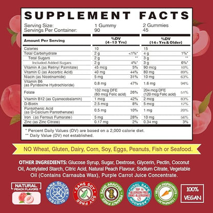 Vegan Iron Gummies Supplement - with Vitamin C, A, B-Complex, Folate, Zinc for Adults & Kids - Health Blood & Energy Support for Iron Deficiency, Anemia, No After Taste - Peach Flavor (90 Ct)