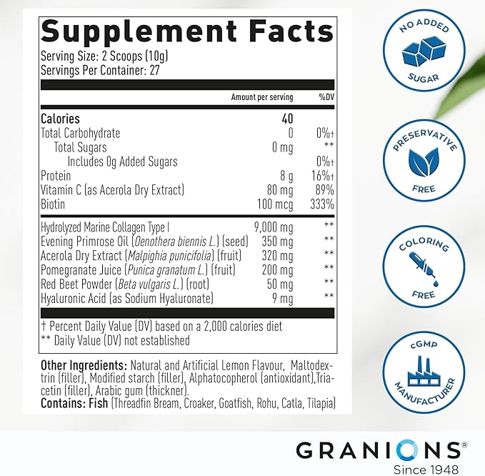 Marine Collagen Powder Supplement - Type I Hydrolyzed Marine Collagen Peptides, Protein, Biotin, Hyaluronic Acid, Vitamin C, Vital Antioxidants Complex - Skin Supplements for Women - Lemon, 9.7oz