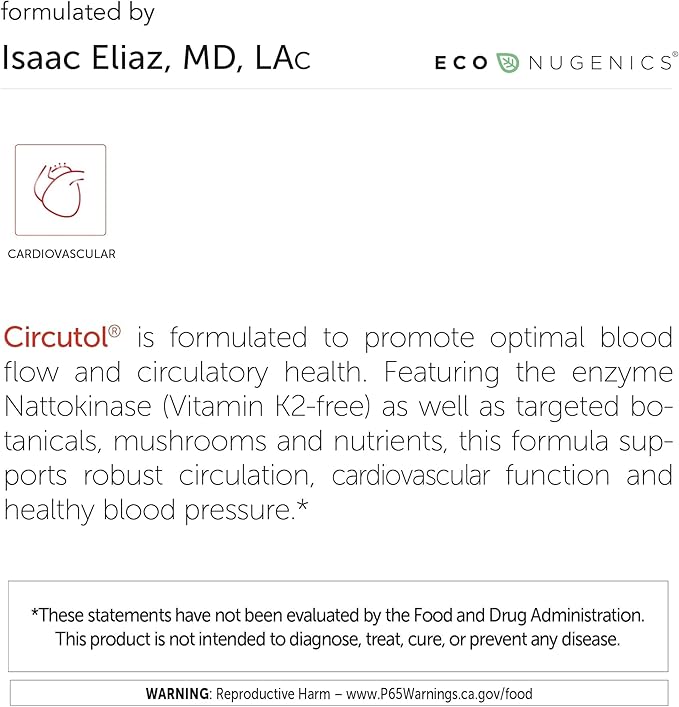 EcoNugenics Circutol Blood Pressure Supplement for Heart Support with Nattokinase, Hawthorn Extract, L-Carnitine, Salvia Root, Reishi, and Cordyceps Mushrooms - 60 Capsules
