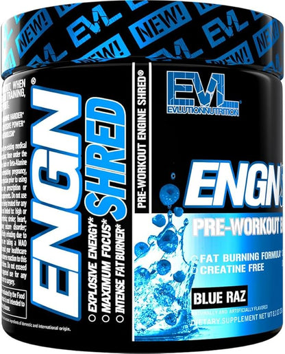 EVL Ultimate Pre Workout Powder - Thermogenic Fat Burn Support Preworkout Powder Drink for Lasting Energy Focus and Stamina - ENGN Shred Intense Creatine Free Preworkout Drink Mix - Blue Raz