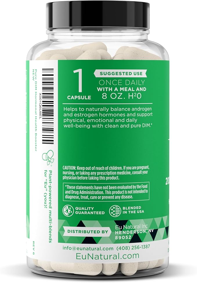 DIM Supplement Pure 200 Mg for Women or Men – Estrogen Hormone Balance Supplement for Energy, Fatigue, Stress, Menopause, Hot Flashes – Enhanced Bioavailability BioPerine – 60 Vegan Soft Capsules