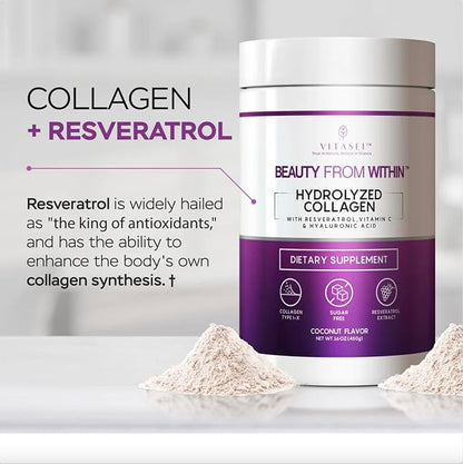 Hydrolyzed Collagen Peptides Powder with Vitamin C & Resveratrol - Hair, Skin and Nails Vitamins for Women & Men - Bone and Joint Supplement - Coconut Flavored - 16 oz