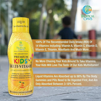 Premium Liquid Multivitamin For Kids | Sugar Free Kids Vitamins | 100% DV of 14 Vitamins for Kids | Multivitamin for Children Ages 4+ | Great Tasting, Non-GMO, Max 98% Absorption Rate- 16 oz, 32 Serv