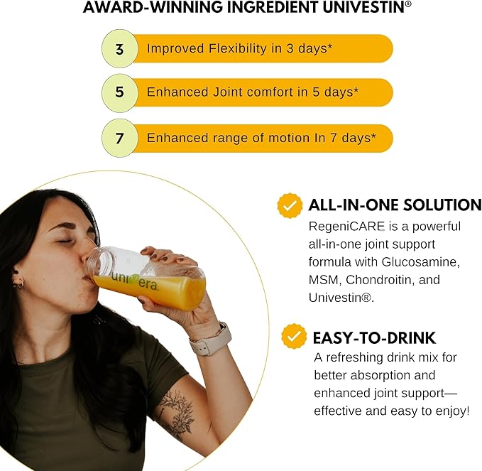 Univera RegeniCARE Gift Set with Bottle and Frother – Joint Support with Glucosamine, Univestin, MSM, Chondroitin – 30 Servings, Mango Flavor