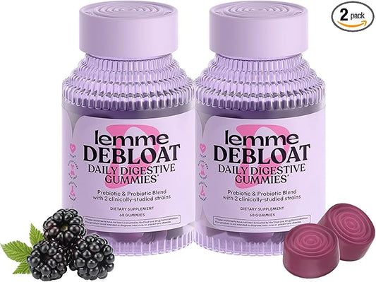 Lemme Debloat - Digestive & Gut Health Gummies with 2 Clinically Studied Probiotics & Prebiotic, Vegetarian, Gluten Free, Non GMO, BlackBerry Flavor (60 Count) (Pack of 2)
