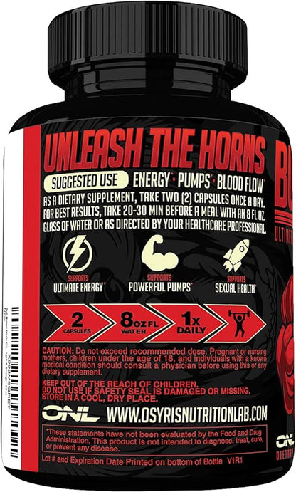 Bull Blood Nitric Oxide Supplement for Men - Nitrous Oxide Booster - L Arginine Pills - Pre Workout & Blood Flow for Men - Nitric Oxide Booster for Enhancing Male Strength & Energy - 60Ct