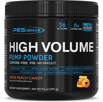 PEScience High Volume Stim-Free Pre Workout, Nitric Oxide Booster with L Citrulline & L Arginine Nitrate, Non-Stim Preworkout for Men and Women, 36 Scoops, Sour Peach Candy