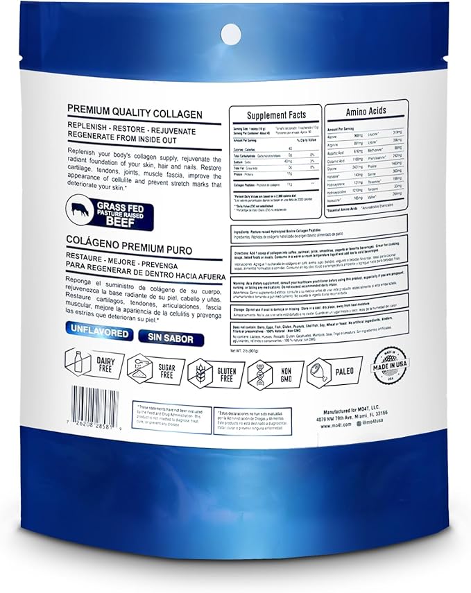 MO4T Collagen Peptides- Collagen Powder- Hydrolyzed Collagen- Grass fed - Colageno Hidrolizado -Unflavored Collagen (1 Pound)