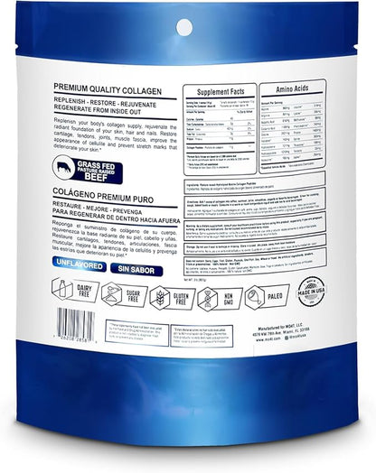 MO4T Collagen Peptides- Collagen Powder- Hydrolyzed Collagen- Grass fed - Colageno Hidrolizado -Unflavored Collagen (1 Pound)