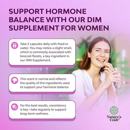 Natures Craft Potent DIM Supplement for Women - Hormone Balance for Women with DIM and Black Pepper Menopause Support and PMS Relief - Menopause Supplements Extra Strength 300mg per Serving