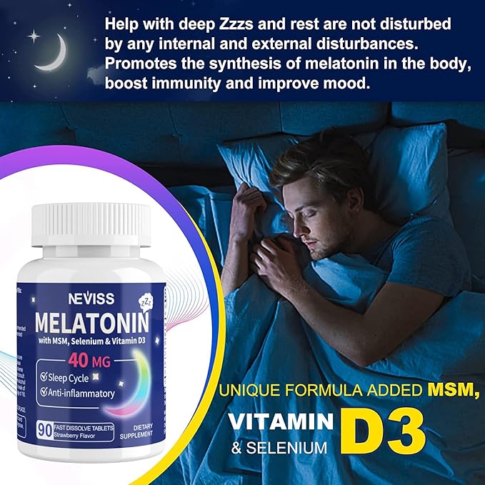 Melatonin 40 mg for Adults - Fast Dissolve & Chewable Sublingual Sleep Supplement - Extra Strength Melatonin with Vitamin D3 & MSM, Selenium for Health Rest Cycle, Deep Zzzs, Sugar-Free, 180 Servings