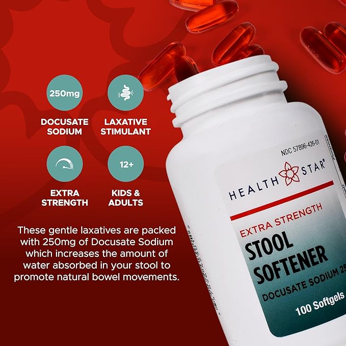 Extra-Strength Stool Softener Docusate Sodium 250mg Softgels Stimulant Laxative for Constipation & Irregularity| Gentle Constipation Relief Stool Softeners for Women & Men (100 Count) Pack of 2