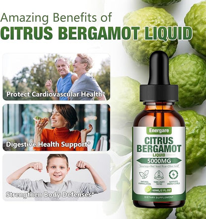 2 Packs Citrus Bergamot Liquid Drops, Bergamot Supplement For High Cholesterol - Soursop, Red Yeast Rice, Olive Leaf - All - Natural, Heart Immune Support & Antioxidant, Soursop Bitters Liquid，4 Fl Oz