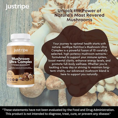 Mushroom Ultra Complex - Reishi, Cordyceps, Lions Mane & Shiitake - Immune System Booster & Nootropic Brain Supplement - Enhance Memory and Focus - Stress Relief - 60 Capsules