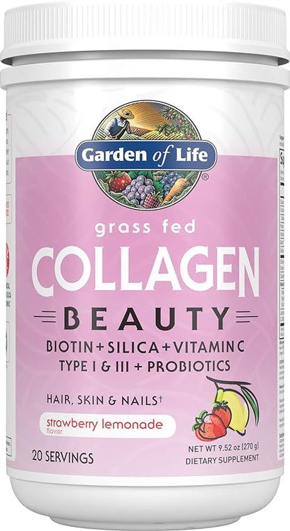 Garden of Life Grass Fed Collagen Beauty - Strawberry Lemonade, 20 Servings - Collagen Peptides Powder for Women Men Hair Skin Nails, Collagen Protein Hydrolyzed Supplements