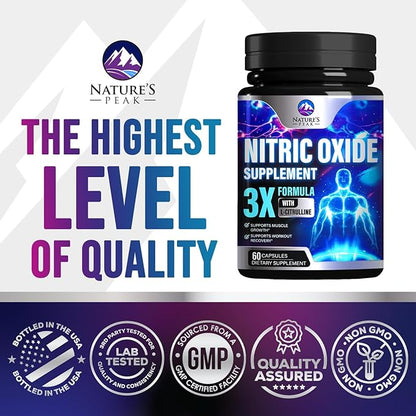 Nitric Oxide Supplement 3000mg L Arginine 3X Strength - Citrulline Malate & AKG - Extra Strength Muscle Supporting Nitric Booster for Muscle Growth & Workout Recovery to Train Harder - 60 Capsules