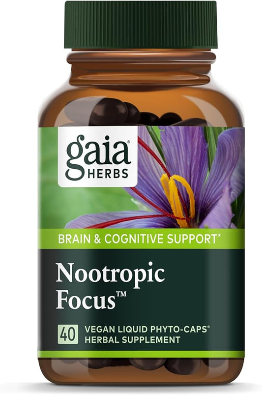Gaia Herbs Nootropic Focus - Brain & Cognitive Support Supplement to Help Maintain Healthy Concentration* - with Saffron, Lemon Balm & Spearmint - 40 Liquid Phyto-Capsules (Up to 20-Day Supply)