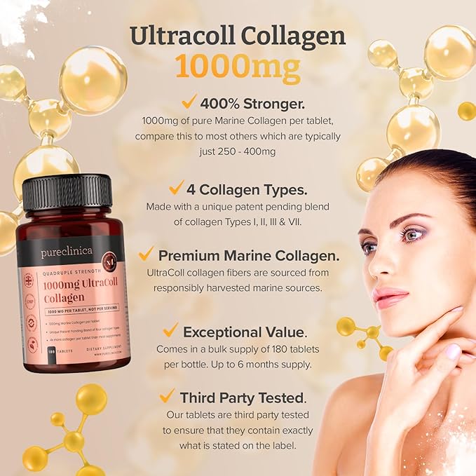 pureclinica UltraColl Marine Collagen 1000mg x 1080 Tablets (6 Bottles of 180 Tablets - 18 Months Supply). The only Patented Anti-Aging Collagen Types I, II, III, and VII.