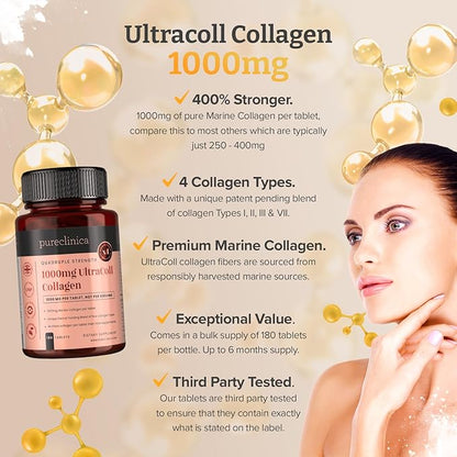 pureclinica UltraColl Marine Collagen 1000mg x 1080 Tablets (6 Bottles of 180 Tablets - 18 Months Supply). The only Patented Anti-Aging Collagen Types I, II, III, and VII.