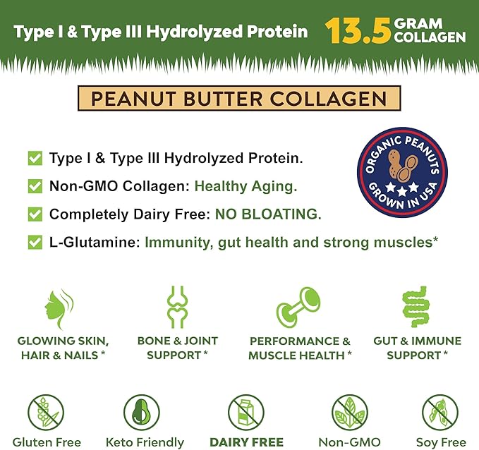 MariGold Grass-fed Collagen Peptides Powder Peanut Butter 1LB - 100% Pure, Type I & III Bovine Hydrolyzed Collagen, Non-GMO, Hormone Free, Soy Free, Gluten Free, Dairy Free, Keto-Friendly