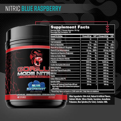 Gorilla Mode Nitric Upgraded Stimulant Free Pre-Workout – Best Tasting and Most Effective Stimulant Free Pre-Workout/Massive Pumps · Vasodilation · Power / 804 Grams (Blue Raspberry)