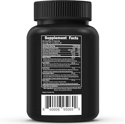 Vital Vitamins Nootropic Brain Supplement Plus - for Memory, Focus, Concentration, Neuro Energy, Clarity - with Lion's Mane Mushrooms - 60 Capsules