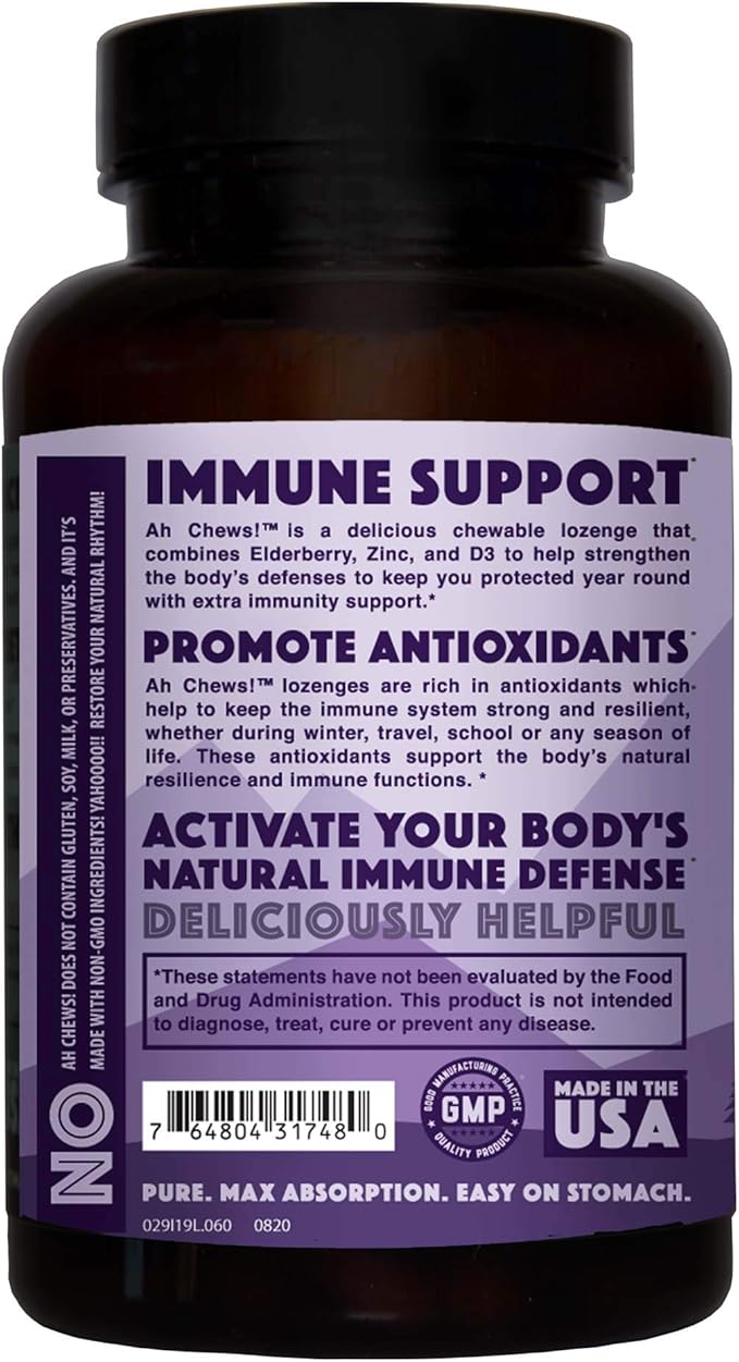 Natural Rhythm Ah Chews! Immune Booster Lozenges for Kids and Adults, No Added Sugar, with Elderberry, Zinc & Vitamin D3, 60 Capsules