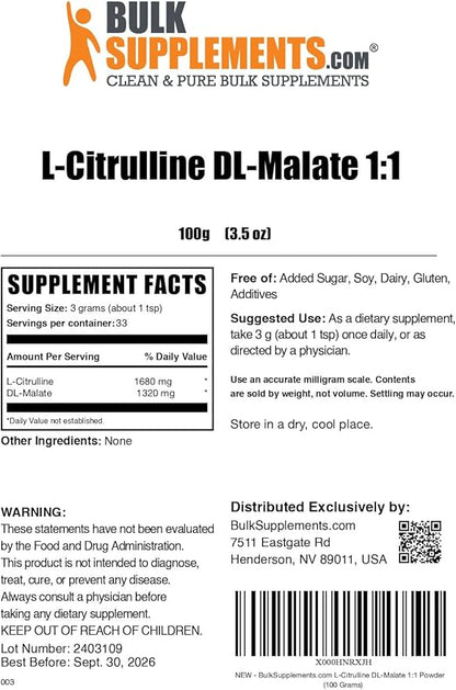 BulkSupplements.com L-Citrulline Malate 1:1 Powder - Citrulline Powder, Amino Acid Supplement - Unflavored & Gluten Free - 3g per Servings, 100g (3.5 oz) (Pack of 1)
