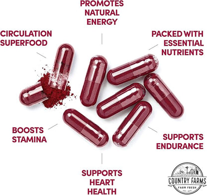 COUNTRY FARMS Bountiful Beets Root Capsules, Wholefood Beet Extract Superfood, Natural Nitric Oxide Booster, Supports Natural Energy, Circulation and Immune Support, 180 Count, 2 Pack